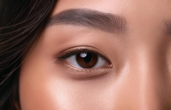 Close-up of a person's eye with well-defined eyebrows and smooth skin, showing detailed eyelashes and natural complexion.
