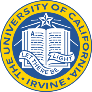 Seal of the University of California, Irvine, featuring an open book, a star above, and a banner reading "Let There Be Light" within a yellow and blue circular border.