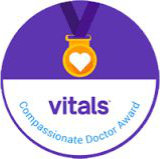 A circular badge with a gold medal and heart icon above the text “vitals Compassionate Doctor Award” on a purple and white background.