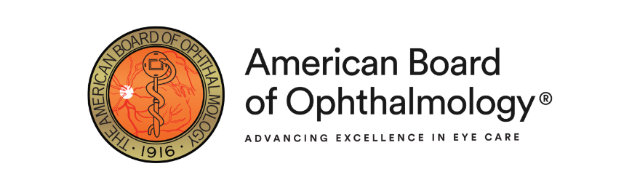 American Board of Ophthalmology logo featuring an eye symbol and organization name with tagline “Advancing Excellence in Eye Care.”.