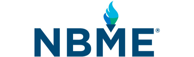 NBME logo with blue letters and a stylized blue flame above the letter “M.”.
