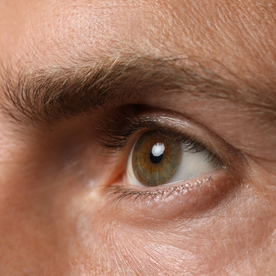 Man with beautiful hazel eyes on grey background, closeup