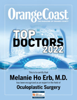 Magazine cover titled “Orange Coast Top Doctors 2022,” featuring Melanie Ho Erb, M.D. recognized for expertise in Oculoplastic Surgery.