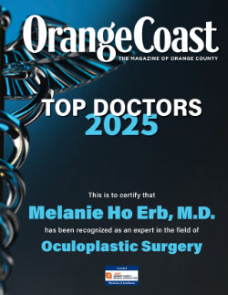 Magazine cover titled “Top Doctors 2025” certifying Melanie Ho Erb, M.D. as an expert in oculoplastic surgery, with DNA helix graphics in the background.