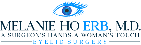 Logo with a blue eye graphic above the text “Melanie Ho Erb, M.D. A surgeon’s hands, a woman’s touch. Eyelid surgery.”.