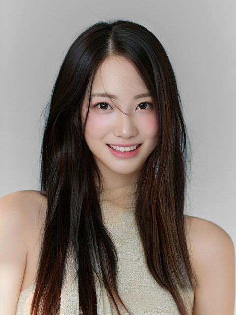 A young woman with long dark hair and a light beige top is smiling at the camera against a plain, light background.